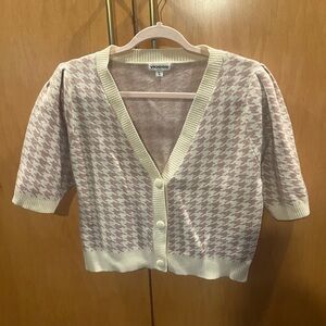Vigoss Pink & Cream Houndstooth V-Neck Short Sleeve Cardigan